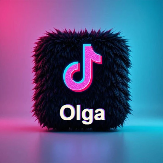 Cubo de pelaje negro oscuro con logotipo brillante de TikTok en fucsia y turquesa. Fondo degradado rosa y azul. Nombre destacado en blanco brillante en la base. Diseño con el nombre Olga.