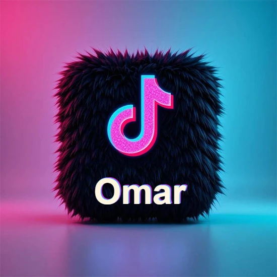 Cubo de pelaje negro oscuro con logotipo brillante de TikTok en fucsia y turquesa. Fondo degradado rosa y azul. Nombre destacado en blanco brillante en la base. Diseño con el nombre Omar.