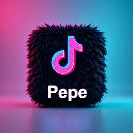 Cubo de pelaje negro oscuro con logotipo brillante de TikTok en fucsia y turquesa. Fondo degradado rosa y azul. Nombre destacado en blanco brillante en la base. Diseño con el nombre Pepe.