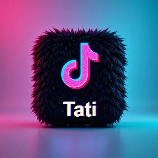 Cubo de pelaje negro oscuro con logotipo brillante de TikTok en fucsia y turquesa. Fondo degradado rosa y azul. Nombre destacado en blanco brillante en la base. Diseño con el nombre Tati. Cubo de pelaje negro oscuro con logotipo brillante de TikTok en fucsia y turquesa. Fondo degradado rosa y azul. Nombre destacado en blanco brillante en la base. Diseño con el nombre Tati.