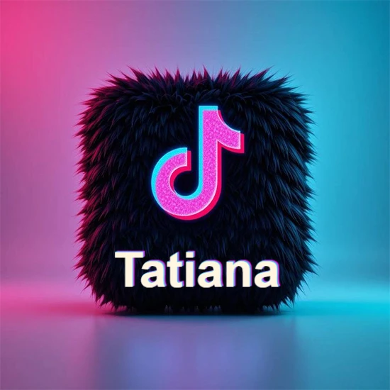 Cubo de pelaje negro oscuro con logotipo brillante de TikTok en fucsia y turquesa. Fondo degradado rosa y azul. Nombre destacado en blanco brillante en la base. Diseño con el nombre Tatiana.