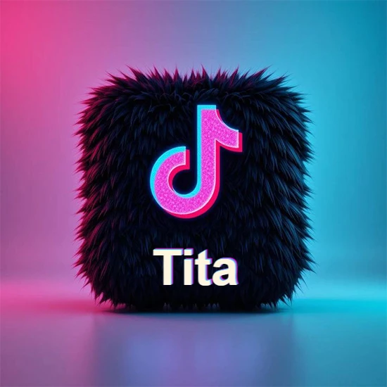 Cubo de pelaje negro oscuro con logotipo brillante de TikTok en fucsia y turquesa. Fondo degradado rosa y azul. Nombre destacado en blanco brillante en la base. Diseño con el nombre Tita.