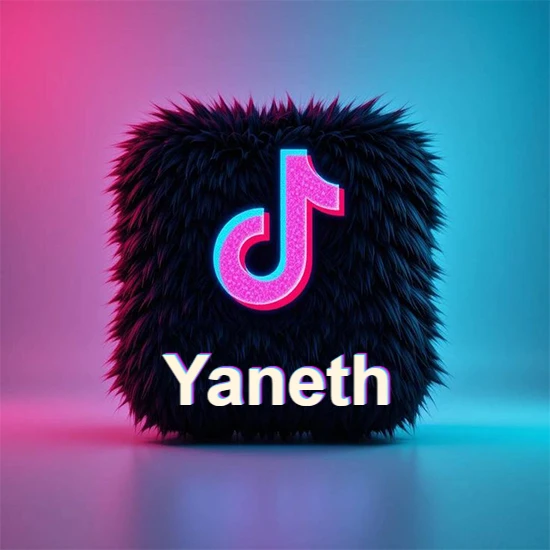 Cubo de pelaje negro oscuro con logotipo brillante de TikTok en fucsia y turquesa. Fondo degradado rosa y azul. Nombre destacado en blanco brillante en la base. Diseño con el nombre Yaneth.