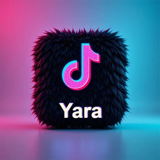 Cubo de pelaje negro oscuro con logotipo brillante de TikTok en fucsia y turquesa. Fondo degradado rosa y azul. Nombre destacado en blanco brillante en la base. Diseño con el nombre Yara. Cubo de pelaje negro oscuro con logotipo brillante de TikTok en fucsia y turquesa. Fondo degradado rosa y azul. Nombre destacado en blanco brillante en la base. Diseño con el nombre Yara.