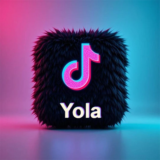 Cubo de pelaje negro oscuro con logotipo brillante de TikTok en fucsia y turquesa. Fondo degradado rosa y azul. Nombre destacado en blanco brillante en la base. Diseño con el nombre Yola. Cubo de pelaje negro oscuro con logotipo brillante de TikTok en fucsia y turquesa. Fondo degradado rosa y azul. Nombre destacado en blanco brillante en la base. Diseño con el nombre Yola.