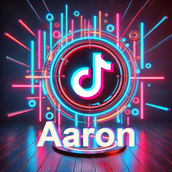 Escenario vibrante iluminado con luces de neón rojas y azules. Círculo de luz central con logotipo de TikTok. Nombre en una base circular iluminada sobre el suelo de madera. Diseño con el nombre Aaron.