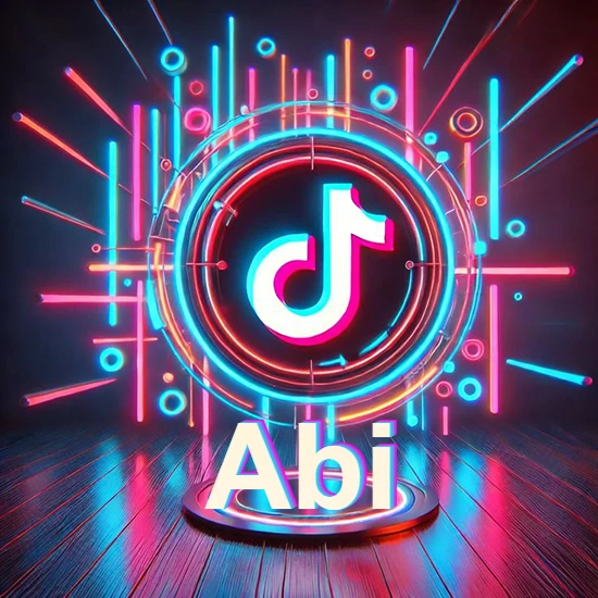Escenario vibrante iluminado con luces de neón rojas y azules. Círculo de luz central con logotipo de TikTok. Nombre en una base circular iluminada sobre el suelo de madera. Diseño con el nombre Abi. Escenario vibrante iluminado con luces de neón rojas y azules. Círculo de luz central con logotipo de TikTok. Nombre en una base circular iluminada sobre el suelo de madera. Diseño con el nombre Abi.
