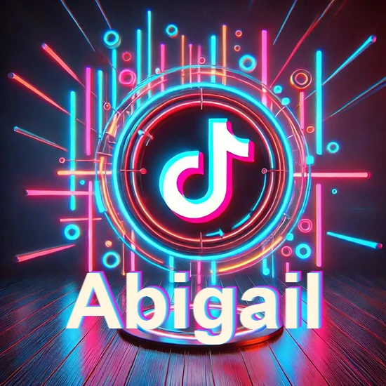 Escenario vibrante iluminado con luces de neón rojas y azules. Círculo de luz central con logotipo de TikTok. Nombre en una base circular iluminada sobre el suelo de madera. Diseño con el nombre Abigail.