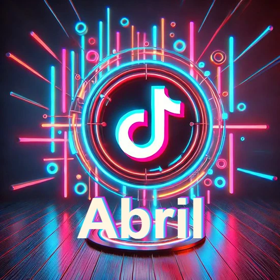 Escenario vibrante iluminado con luces de neón rojas y azules. Círculo de luz central con logotipo de TikTok. Nombre en una base circular iluminada sobre el suelo de madera. Diseño con el nombre Abril.