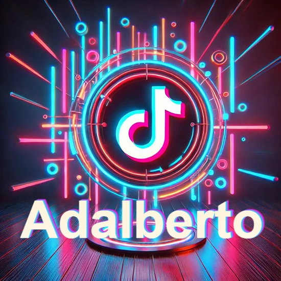 Escenario vibrante iluminado con luces de neón rojas y azules. Círculo de luz central con logotipo de TikTok. Nombre en una base circular iluminada sobre el suelo de madera. Diseño con el nombre Adalberto.