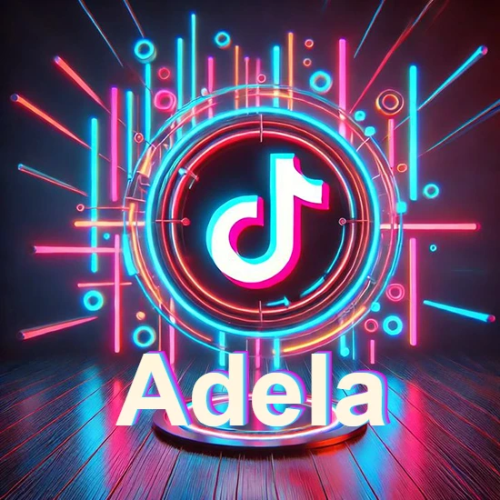 Escenario vibrante iluminado con luces de neón rojas y azules. Círculo de luz central con logotipo de TikTok. Nombre en una base circular iluminada sobre el suelo de madera. Diseño con el nombre Adela.