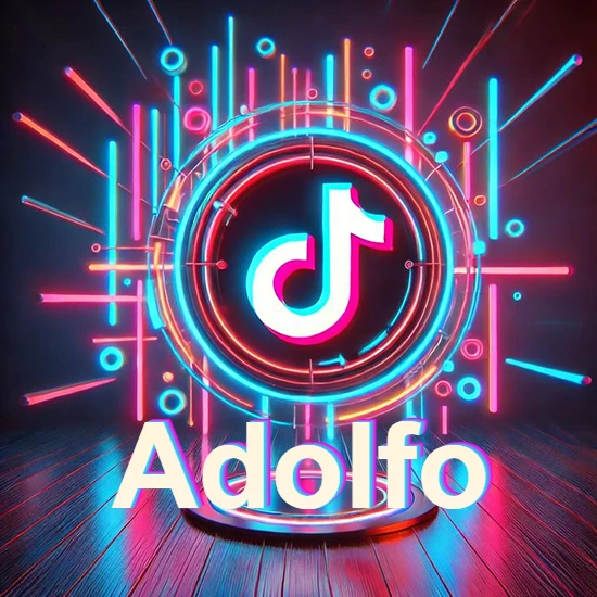 Escenario vibrante iluminado con luces de neón rojas y azules. Círculo de luz central con logotipo de TikTok. Nombre en una base circular iluminada sobre el suelo de madera. Diseño con el nombre Adolfo.