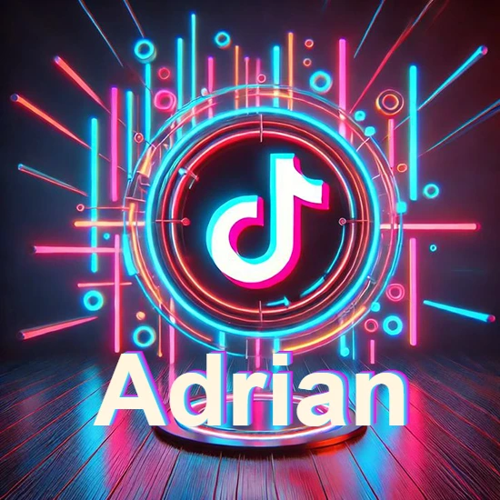 Escenario vibrante iluminado con luces de neón rojas y azules. Círculo de luz central con logotipo de TikTok. Nombre en una base circular iluminada sobre el suelo de madera. Diseño con el nombre Adrian.