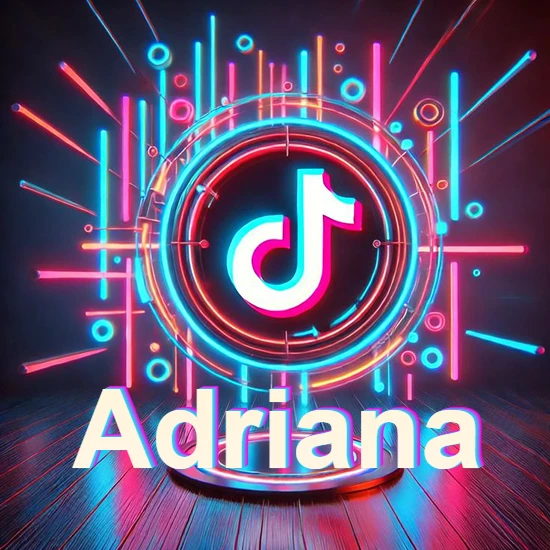 Escenario vibrante iluminado con luces de neón rojas y azules. Círculo de luz central con logotipo de TikTok. Nombre en una base circular iluminada sobre el suelo de madera. Diseño con el nombre Adriana.