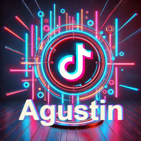 Escenario vibrante iluminado con luces de neón rojas y azules. Círculo de luz central con logotipo de TikTok. Nombre en una base circular iluminada sobre el suelo de madera. Diseño con el nombre Agustin.