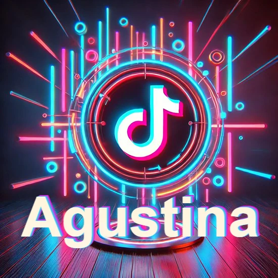 Escenario vibrante iluminado con luces de neón rojas y azules. Círculo de luz central con logotipo de TikTok. Nombre en una base circular iluminada sobre el suelo de madera. Diseño con el nombre Agustina.