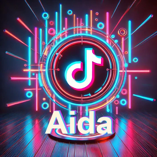 Escenario vibrante iluminado con luces de neón rojas y azules. Círculo de luz central con logotipo de TikTok. Nombre en una base circular iluminada sobre el suelo de madera. Diseño con el nombre Aida. Escenario vibrante iluminado con luces de neón rojas y azules. Círculo de luz central con logotipo de TikTok. Nombre en una base circular iluminada sobre el suelo de madera. Diseño con el nombre Aida.