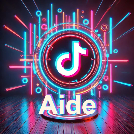 Escenario vibrante iluminado con luces de neón rojas y azules. Círculo de luz central con logotipo de TikTok. Nombre en una base circular iluminada sobre el suelo de madera. Diseño con el nombre Aide.