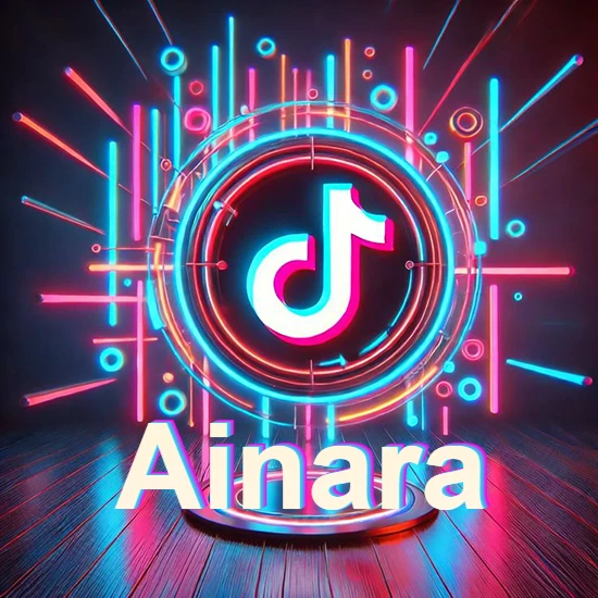 Escenario vibrante iluminado con luces de neón rojas y azules. Círculo de luz central con logotipo de TikTok. Nombre en una base circular iluminada sobre el suelo de madera. Diseño con el nombre Ainara. Escenario vibrante iluminado con luces de neón rojas y azules. Círculo de luz central con logotipo de TikTok. Nombre en una base circular iluminada sobre el suelo de madera. Diseño con el nombre Ainara.