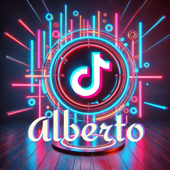 Escenario vibrante iluminado con luces de neón rojas y azules. Círculo de luz central con logotipo de TikTok. Nombre en una base circular iluminada sobre el suelo de madera. Diseño con el nombre Alberto.