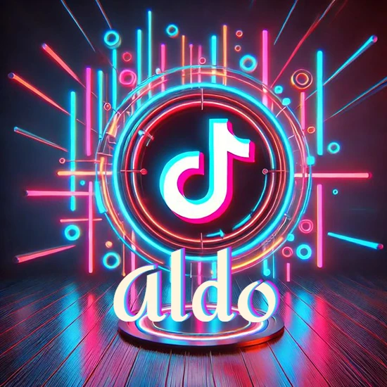 Escenario vibrante iluminado con luces de neón rojas y azules. Círculo de luz central con logotipo de TikTok. Nombre en una base circular iluminada sobre el suelo de madera. Diseño con el nombre Aldo.