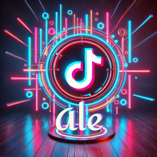 Escenario vibrante iluminado con luces de neón rojas y azules. Círculo de luz central con logotipo de TikTok. Nombre en una base circular iluminada sobre el suelo de madera. Diseño con el nombre Ale.