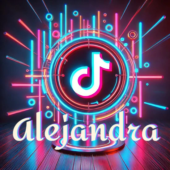 Escenario vibrante iluminado con luces de neón rojas y azules. Círculo de luz central con logotipo de TikTok. Nombre en una base circular iluminada sobre el suelo de madera. Diseño con el nombre Alejandra. Escenario vibrante iluminado con luces de neón rojas y azules. Círculo de luz central con logotipo de TikTok. Nombre en una base circular iluminada sobre el suelo de madera. Diseño con el nombre Alejandra.