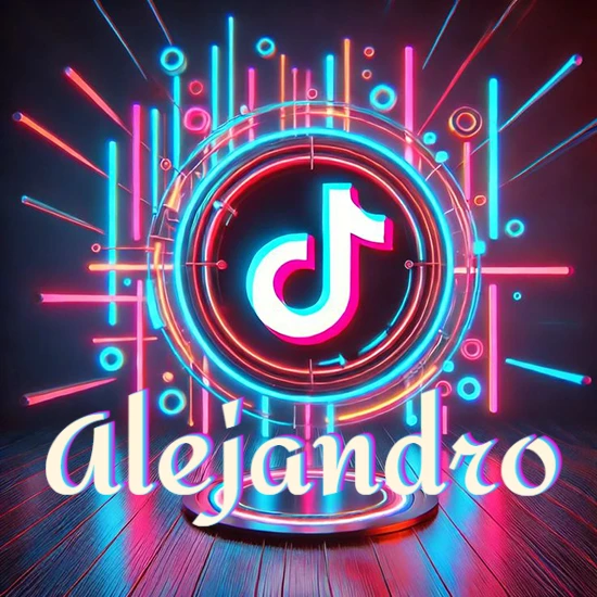 Escenario vibrante iluminado con luces de neón rojas y azules. Círculo de luz central con logotipo de TikTok. Nombre en una base circular iluminada sobre el suelo de madera. Diseño con el nombre Alejandro.