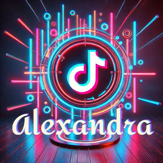 Escenario vibrante iluminado con luces de neón rojas y azules. Círculo de luz central con logotipo de TikTok. Nombre en una base circular iluminada sobre el suelo de madera. Diseño con el nombre Alexandra.