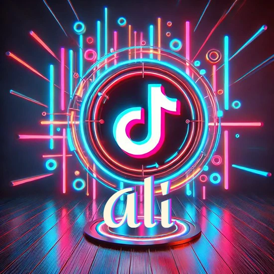 Escenario vibrante iluminado con luces de neón rojas y azules. Círculo de luz central con logotipo de TikTok. Nombre en una base circular iluminada sobre el suelo de madera. Diseño con el nombre Ali.