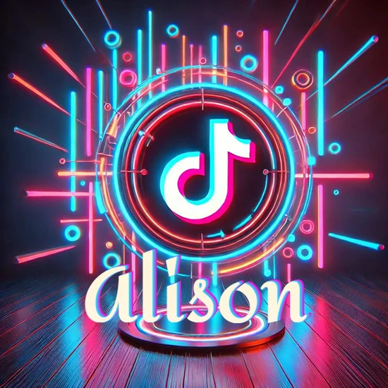 Escenario vibrante iluminado con luces de neón rojas y azules. Círculo de luz central con logotipo de TikTok. Nombre en una base circular iluminada sobre el suelo de madera. Diseño con el nombre Alison.