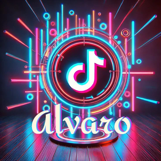 Escenario vibrante iluminado con luces de neón rojas y azules. Círculo de luz central con logotipo de TikTok. Nombre en una base circular iluminada sobre el suelo de madera. Diseño con el nombre Alvaro.