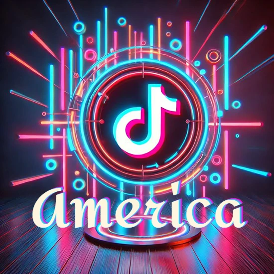 Escenario vibrante iluminado con luces de neón rojas y azules. Círculo de luz central con logotipo de TikTok. Nombre en una base circular iluminada sobre el suelo de madera. Diseño con el nombre America.