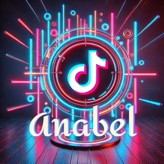 Escenario vibrante iluminado con luces de neón rojas y azules. Círculo de luz central con logotipo de TikTok. Nombre en una base circular iluminada sobre el suelo de madera. Diseño con el nombre Anabel.