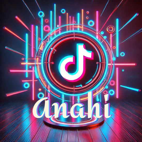 Escenario vibrante iluminado con luces de neón rojas y azules. Círculo de luz central con logotipo de TikTok. Nombre en una base circular iluminada sobre el suelo de madera. Diseño con el nombre Anahi. Escenario vibrante iluminado con luces de neón rojas y azules. Círculo de luz central con logotipo de TikTok. Nombre en una base circular iluminada sobre el suelo de madera. Diseño con el nombre Anahi.