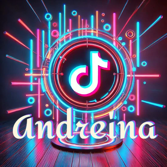Escenario vibrante iluminado con luces de neón rojas y azules. Círculo de luz central con logotipo de TikTok. Nombre en una base circular iluminada sobre el suelo de madera. Diseño con el nombre Andreina.