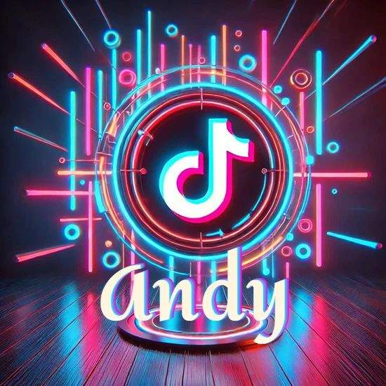 Escenario vibrante iluminado con luces de neón rojas y azules. Círculo de luz central con logotipo de TikTok. Nombre en una base circular iluminada sobre el suelo de madera. Diseño con el nombre Andy.