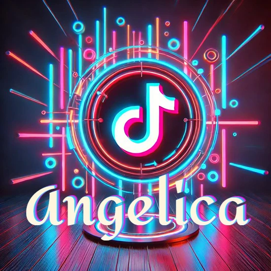 Escenario vibrante iluminado con luces de neón rojas y azules. Círculo de luz central con logotipo de TikTok. Nombre en una base circular iluminada sobre el suelo de madera. Diseño con el nombre Angelica.