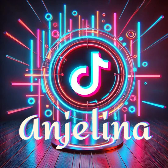 Escenario vibrante iluminado con luces de neón rojas y azules. Círculo de luz central con logotipo de TikTok. Nombre en una base circular iluminada sobre el suelo de madera. Diseño con el nombre Anjelina.