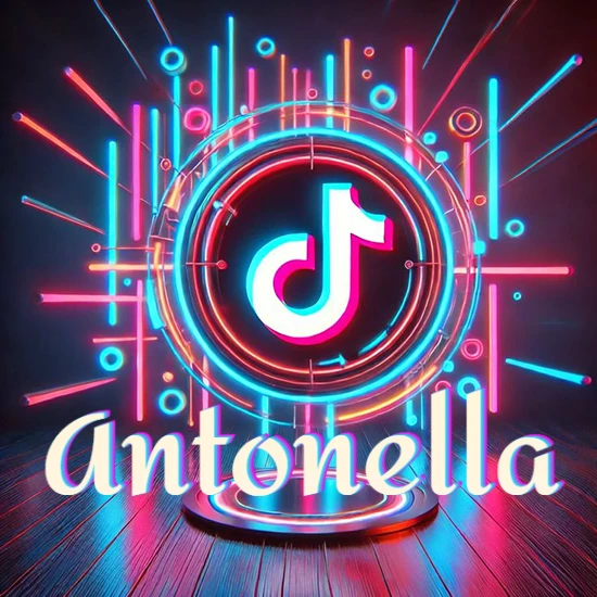 Escenario vibrante iluminado con luces de neón rojas y azules. Círculo de luz central con logotipo de TikTok. Nombre en una base circular iluminada sobre el suelo de madera. Diseño con el nombre Antonella.