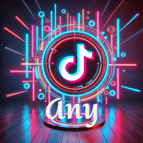 Escenario vibrante iluminado con luces de neón rojas y azules. Círculo de luz central con logotipo de TikTok. Nombre en una base circular iluminada sobre el suelo de madera. Diseño con el nombre Any.