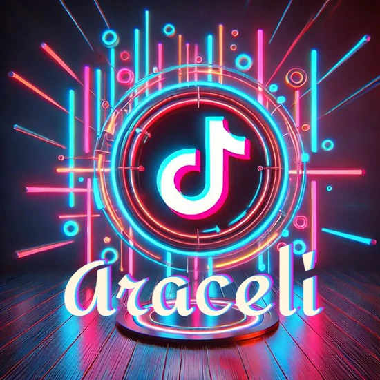 Escenario vibrante iluminado con luces de neón rojas y azules. Círculo de luz central con logotipo de TikTok. Nombre en una base circular iluminada sobre el suelo de madera. Diseño con el nombre Araceli.