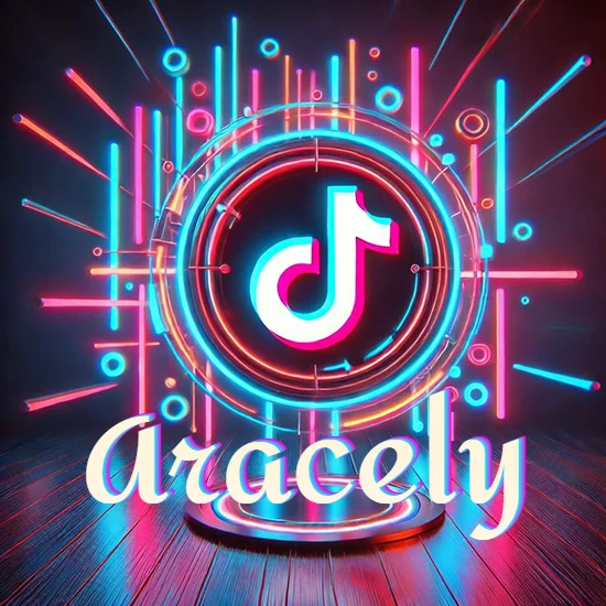 Escenario vibrante iluminado con luces de neón rojas y azules. Círculo de luz central con logotipo de TikTok. Nombre en una base circular iluminada sobre el suelo de madera. Diseño con el nombre Aracely.