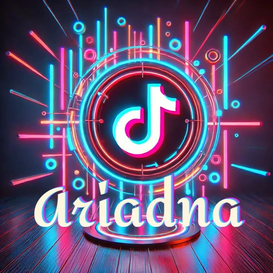 Escenario vibrante iluminado con luces de neón rojas y azules. Círculo de luz central con logotipo de TikTok. Nombre en una base circular iluminada sobre el suelo de madera. Diseño con el nombre Ariadna.
