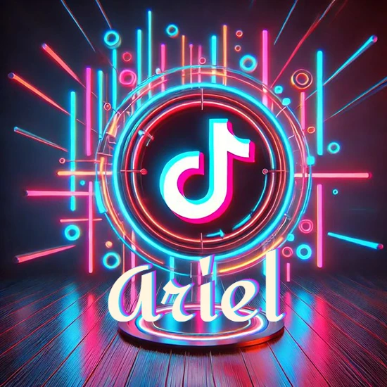 Escenario vibrante iluminado con luces de neón rojas y azules. Círculo de luz central con logotipo de TikTok. Nombre en una base circular iluminada sobre el suelo de madera. Diseño con el nombre Ariel.