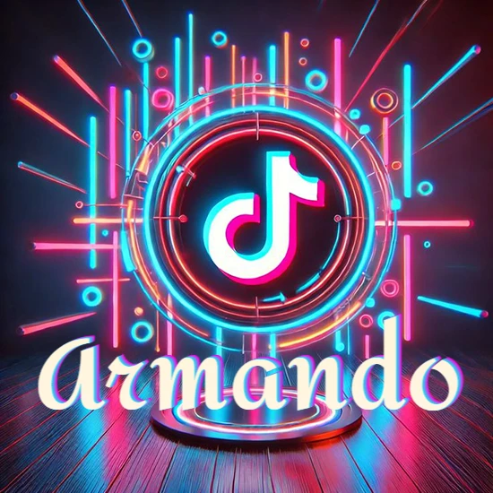 Escenario vibrante iluminado con luces de neón rojas y azules. Círculo de luz central con logotipo de TikTok. Nombre en una base circular iluminada sobre el suelo de madera. Diseño con el nombre Armando.