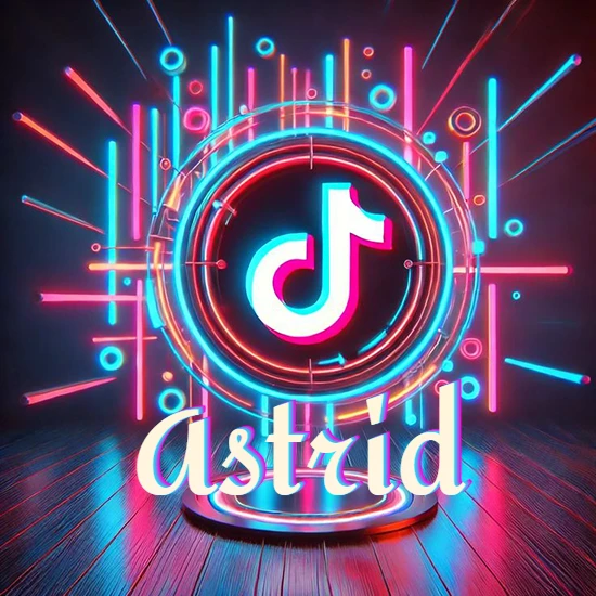 Escenario vibrante iluminado con luces de neón rojas y azules. Círculo de luz central con logotipo de TikTok. Nombre en una base circular iluminada sobre el suelo de madera. Diseño con el nombre Astrid.