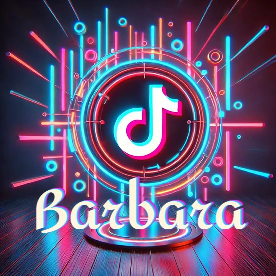 Escenario vibrante iluminado con luces de neón rojas y azules. Círculo de luz central con logotipo de TikTok. Nombre en una base circular iluminada sobre el suelo de madera. Diseño con el nombre Barbara.