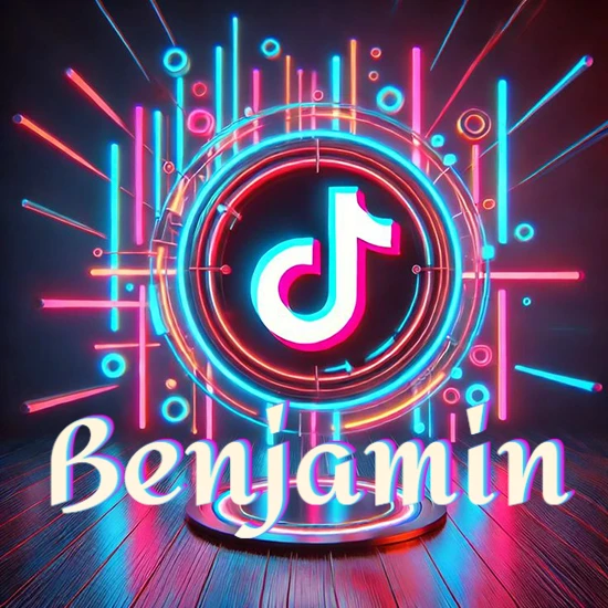 Escenario vibrante iluminado con luces de neón rojas y azules. Círculo de luz central con logotipo de TikTok. Nombre en una base circular iluminada sobre el suelo de madera. Diseño con el nombre Benjamin. Escenario vibrante iluminado con luces de neón rojas y azules. Círculo de luz central con logotipo de TikTok. Nombre en una base circular iluminada sobre el suelo de madera. Diseño con el nombre Benjamin.
