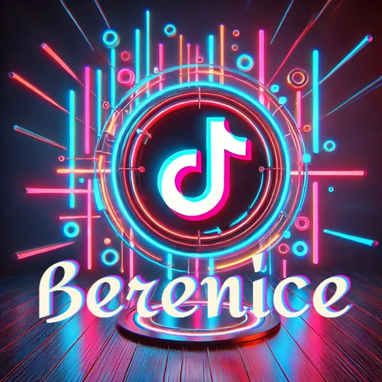 Escenario vibrante iluminado con luces de neón rojas y azules. Círculo de luz central con logotipo de TikTok. Nombre en una base circular iluminada sobre el suelo de madera. Diseño con el nombre Berenice.
